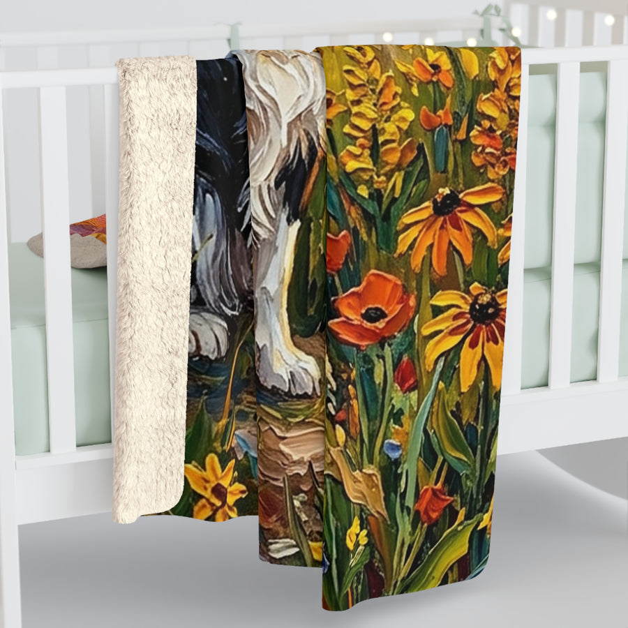 Border Collie Acrylic Gallery Print Sunset Prairie Sherpa Fleece Blanket | Dog Lover Gift — detail view