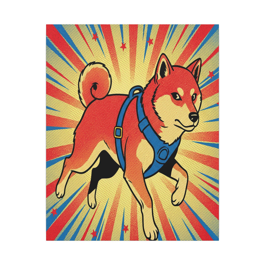 Shiba Inu Comic Book Canvas - Dynamic Pop Art with Halftone Dots, Bold Lines, and Retro Action Dog Wall Decor