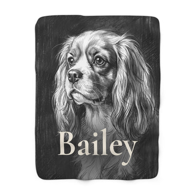 Personalized Cavalier King Charles Spaniel Blanket with Your Dog's Name, Charcoal-Style Dog Portrait Sherpa Fleece Throw, Dog Lover Gift