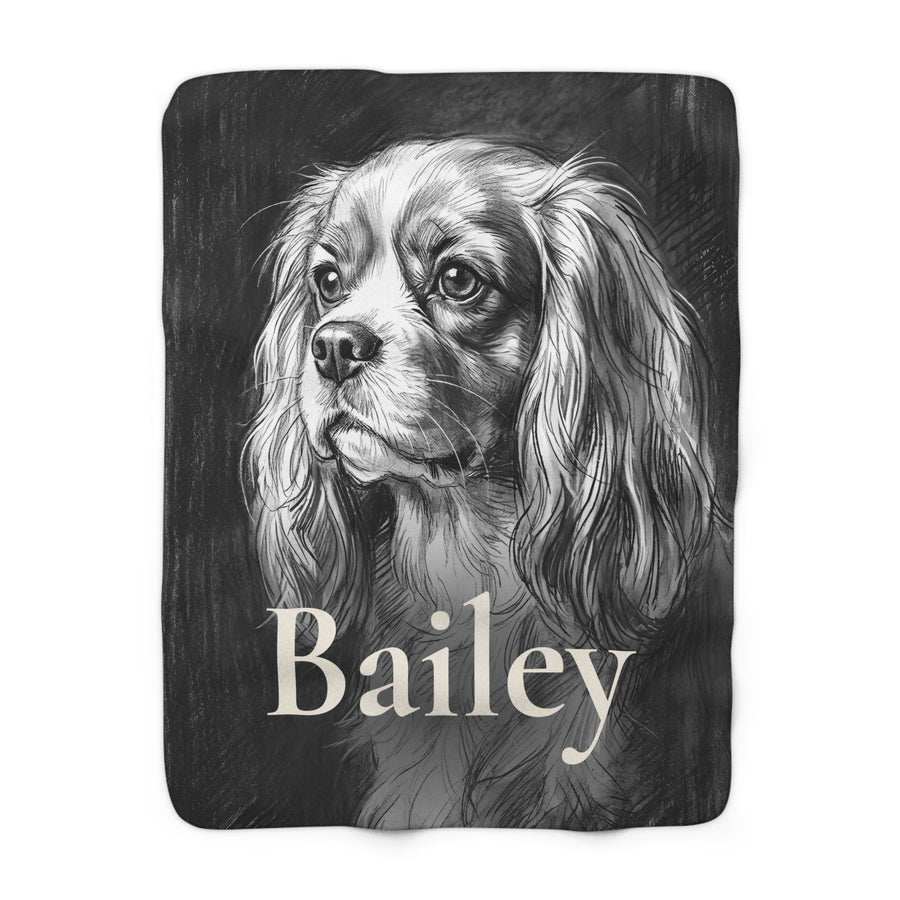 Personalized Cavalier King Charles Spaniel sherpa fleece blanket, charcoal-style portrait with the dog's name across the lower part