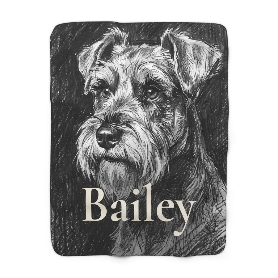Personalized Miniature Schnauzer sherpa fleece blanket, charcoal-style portrait with the dog's name across the lower part