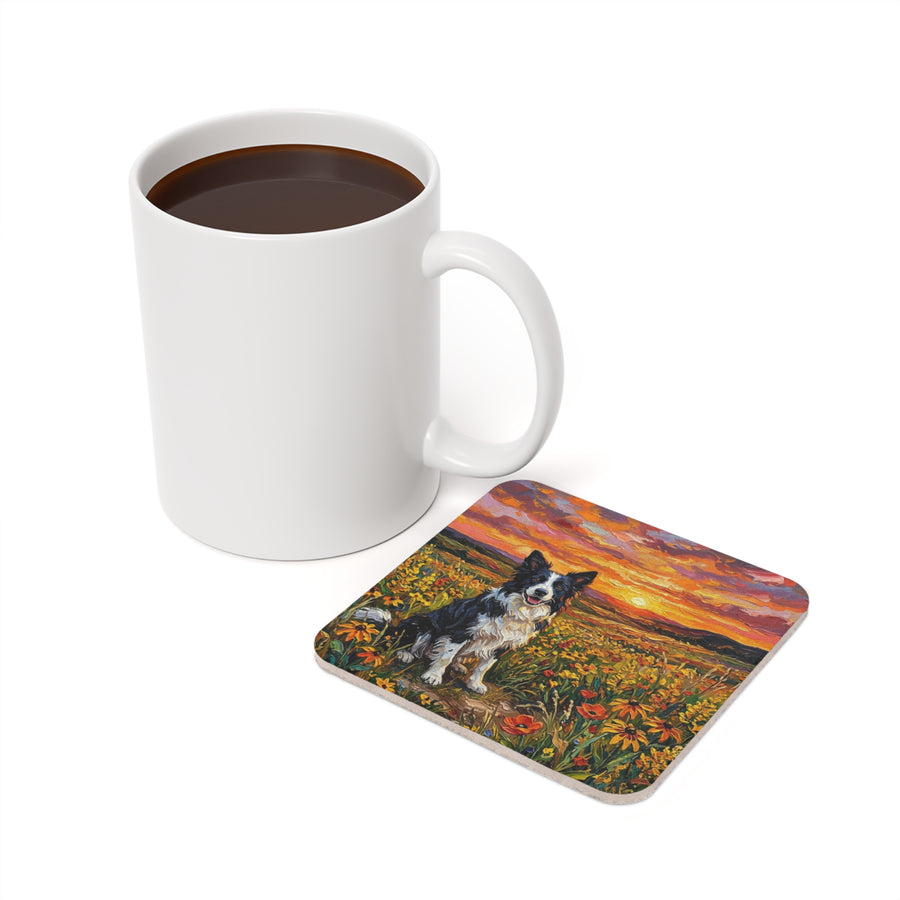 Border Collie Acrylic Gallery Print Sunset Prairie Cork Back Coaster | Dog Lover Gift — detail view