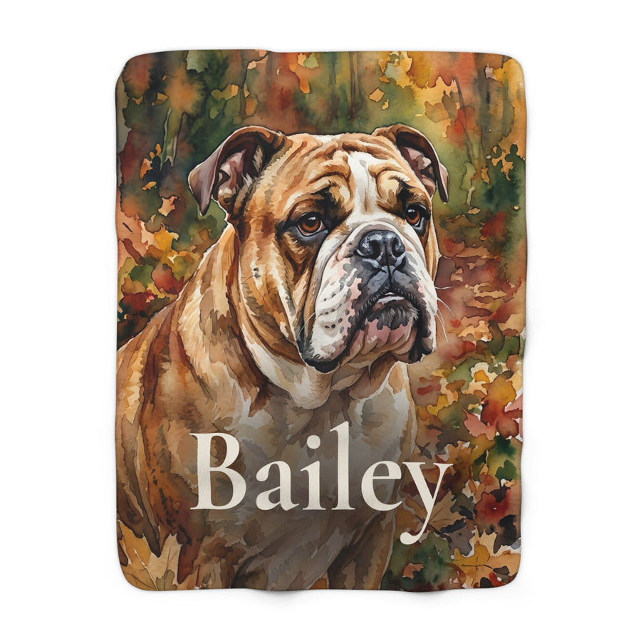Personalized English Bulldog sherpa fleece blanket, watercolor-style portrait with the dog's name across the lower part