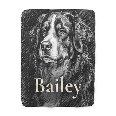 Personalized Bernese Mountain Dog Blanket with Your Dog's Name, Charcoal-Style Dog Portrait Sherpa Fleece Throw, Dog Lover Gift