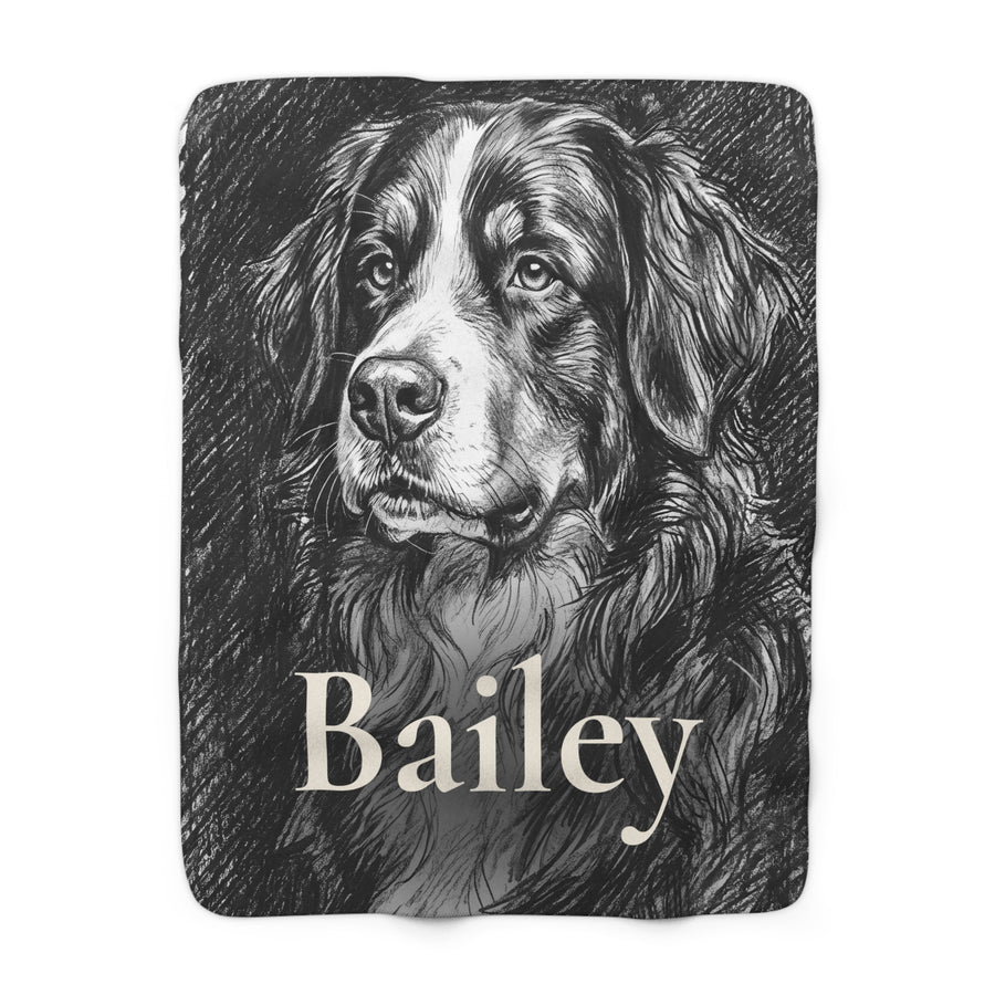 Personalized Bernese Mountain Dog sherpa fleece blanket, charcoal-style portrait with the dog's name across the lower part