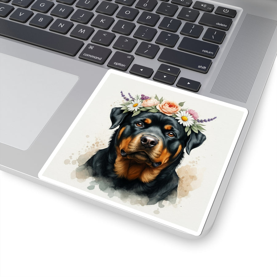 Rottweiler Watercolor Floral Crown Kiss-Cut Stickers | Premium Dog Prints | Tritan