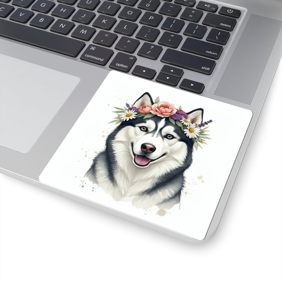 Siberian Husky Watercolor Floral Crown Kiss-Cut Stickers | Premium Dog Prints | Tritan
