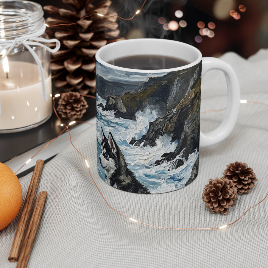 Acrylic Gallery Print Siberian Husky - Coastal Cliffside | Ceramic Mug 11oz — detail view