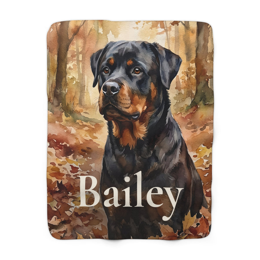 Personalized Rottweiler sherpa fleece blanket, watercolor-style portrait with the dog's name across the lower part