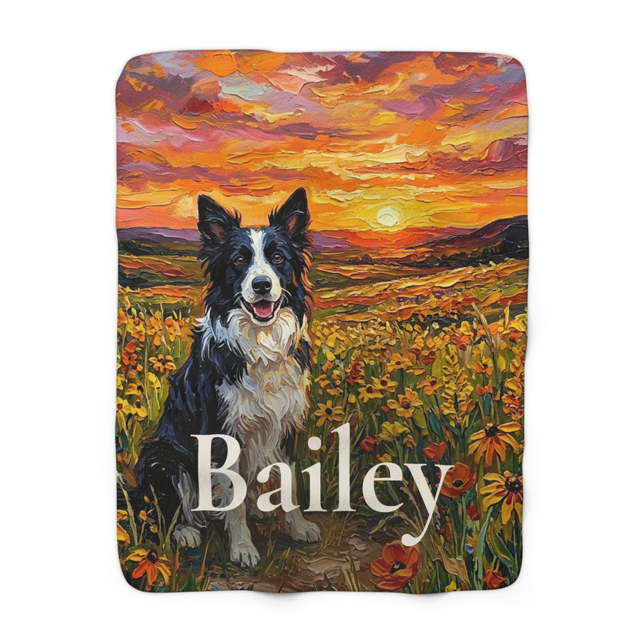 Personalized Border Collie sherpa fleece blanket, acrylic-style portrait with the dog's name across the lower part