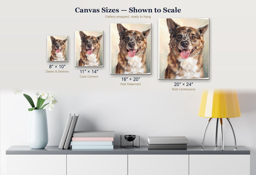 Custom dog portrait canvas size comparison — 8×10, 11×14, 16×20, and 20×24 options shown to scale
