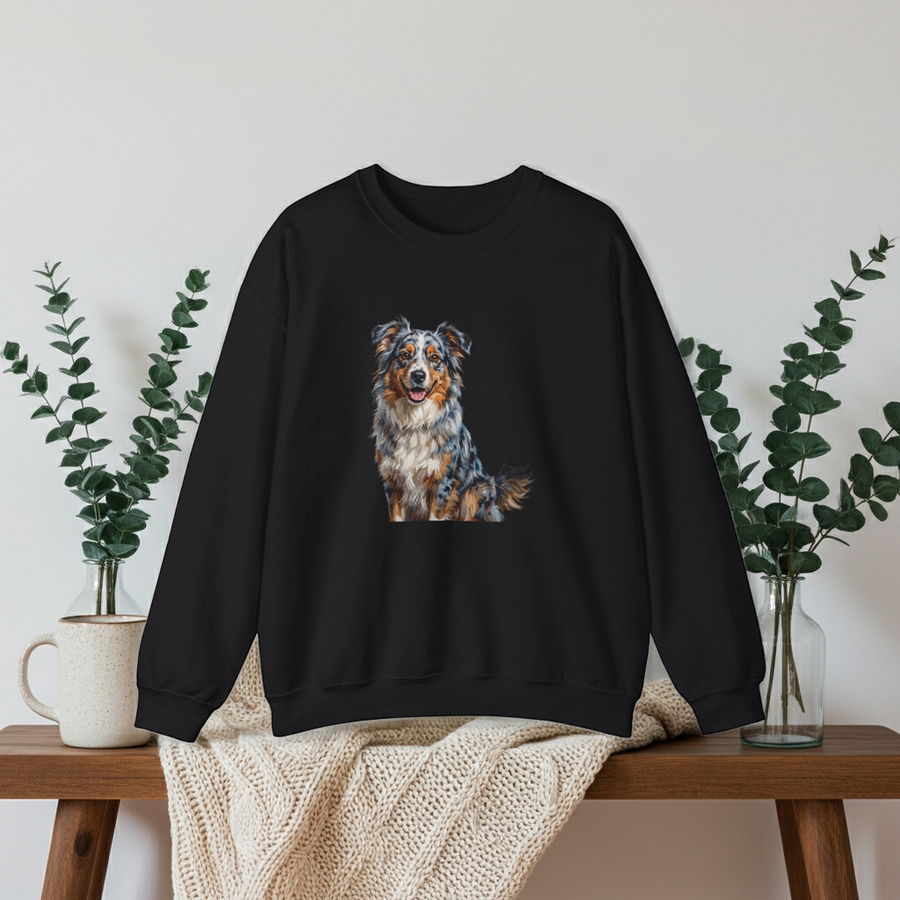 Australian Shepherd painterly crewneck folded on a wooden bench with a knit throw and eucalyptus sprigs