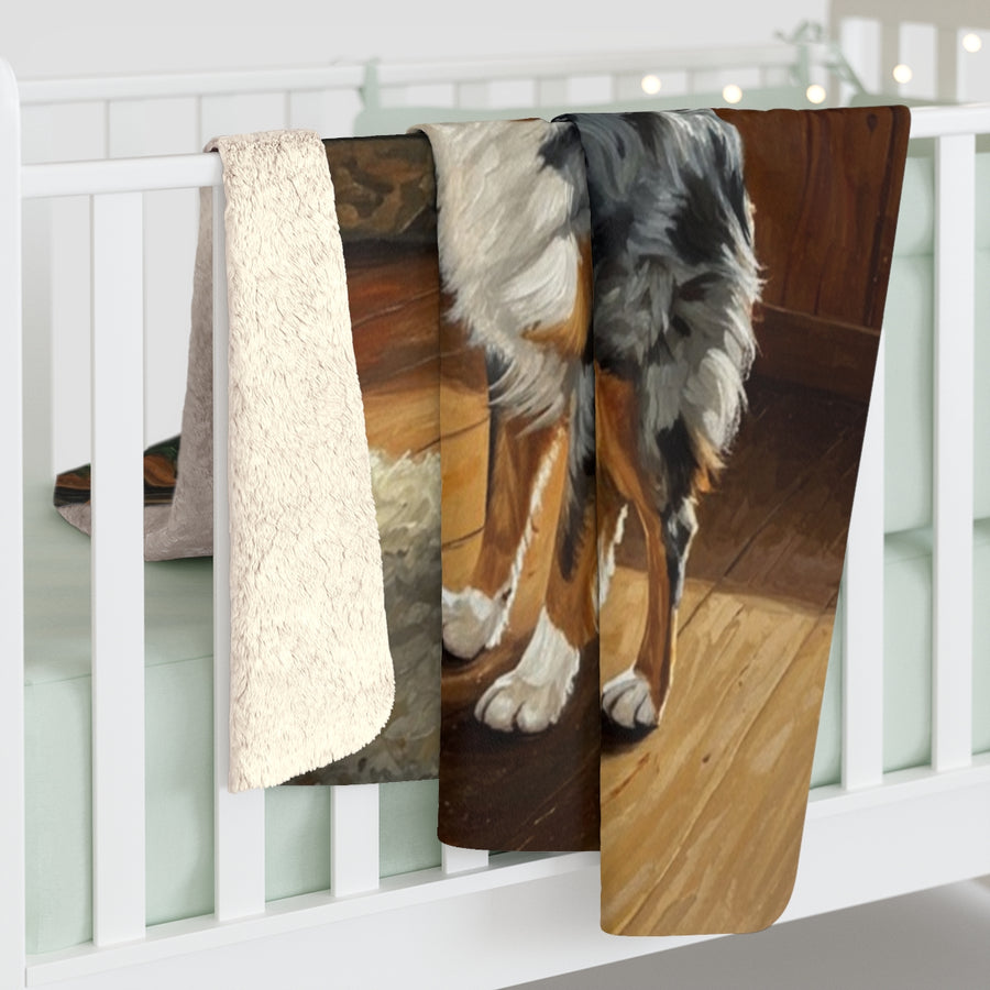 Australian Shepherd Acrylic sherpa blanket by Tritan, on bed