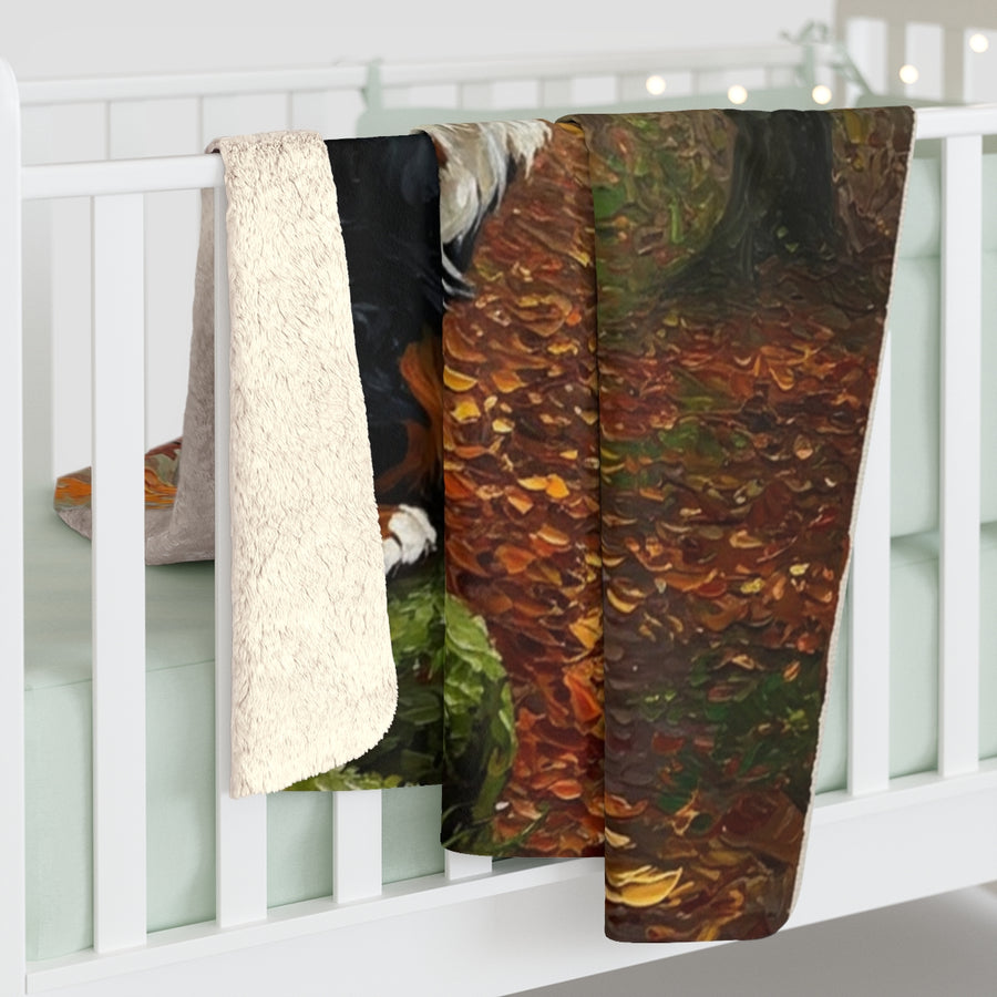 Bernese Mountain Dog Acrylic sherpa blanket by Tritan, on bed