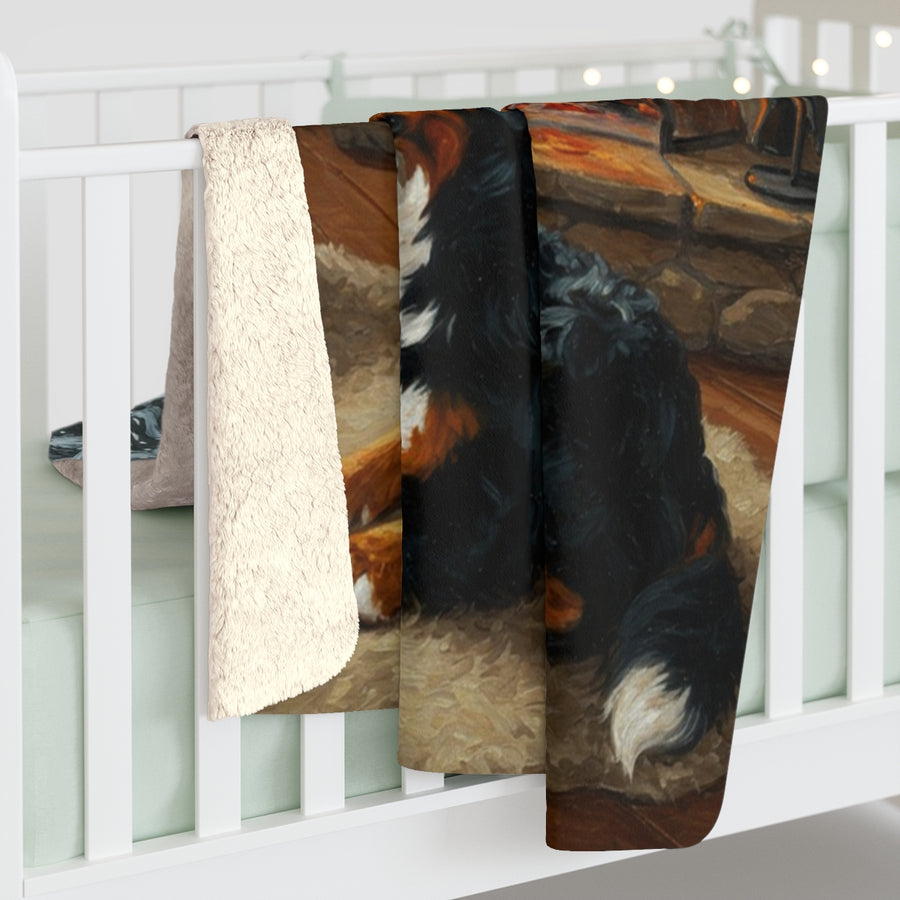 Bernese Mountain Dog Acrylic sherpa blanket by Tritan, on bed