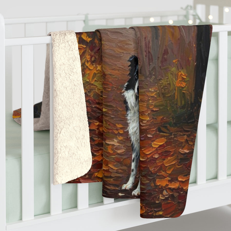 Border Collie Acrylic sherpa blanket by Tritan, on bed