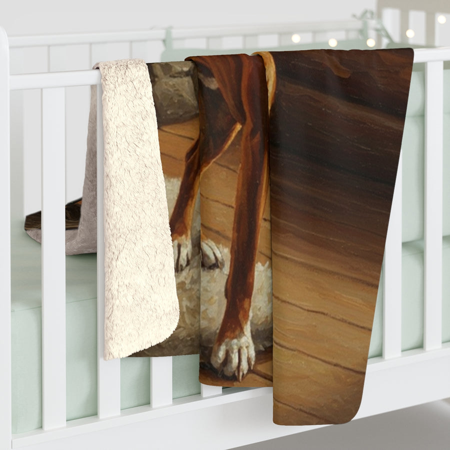 Boxer Acrylic sherpa blanket by Tritan, on bed
