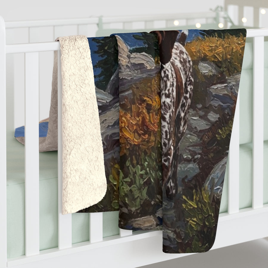 German Shorthaired Pointer Acrylic sherpa blanket by Tritan, on bed