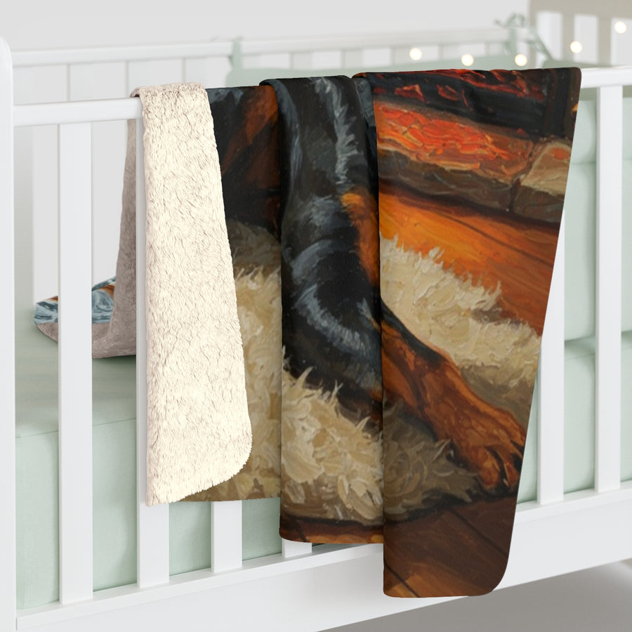 Rottweiler Acrylic sherpa blanket by Tritan, on bed