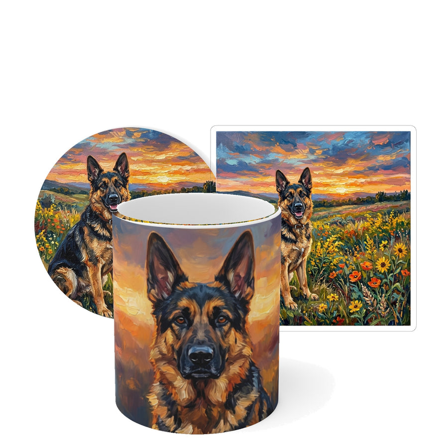 German Shepherd Sunset Prairie Gift Set — mug, coaster and sticker gift set with matching dog art