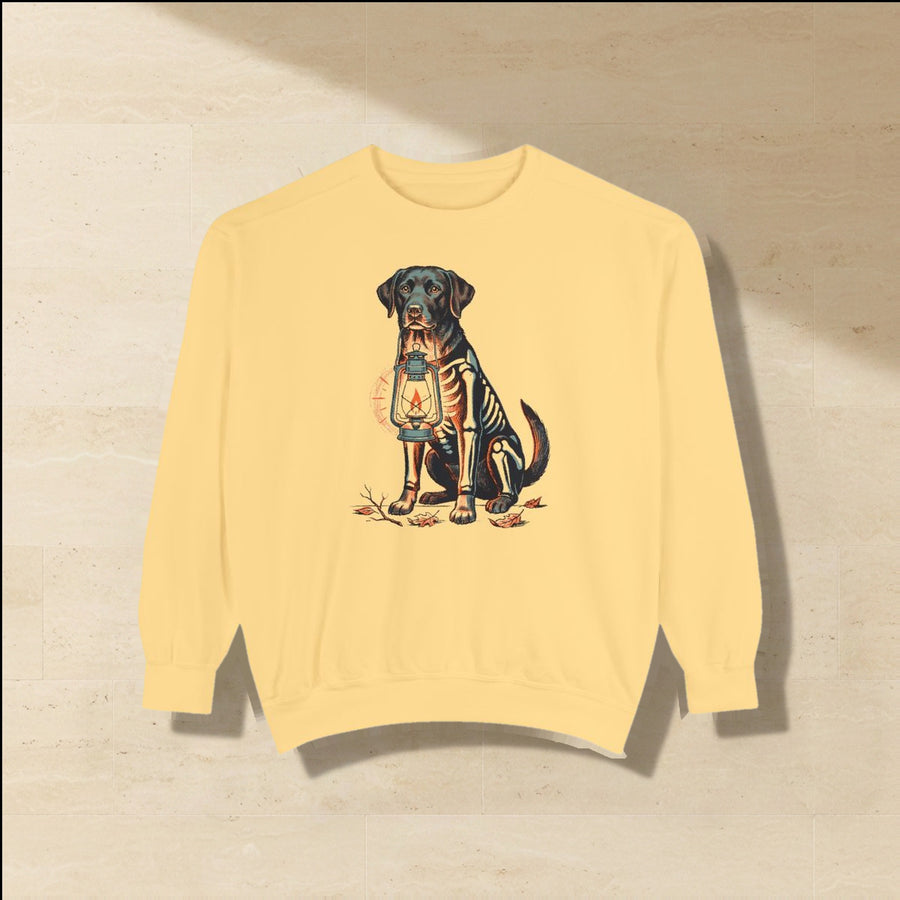 Labrador Halloween Sweatshirt laid flat on a warm limestone surface, shot from overhead