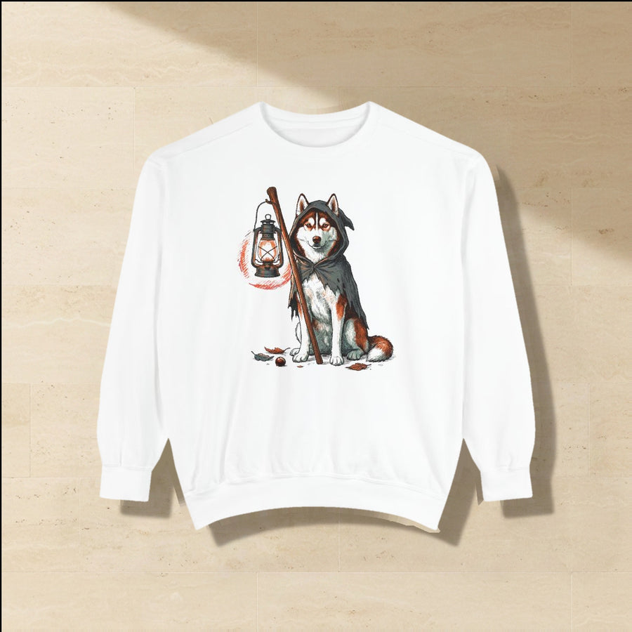 Husky Halloween Sweatshirt laid flat on a warm limestone surface, shot from overhead