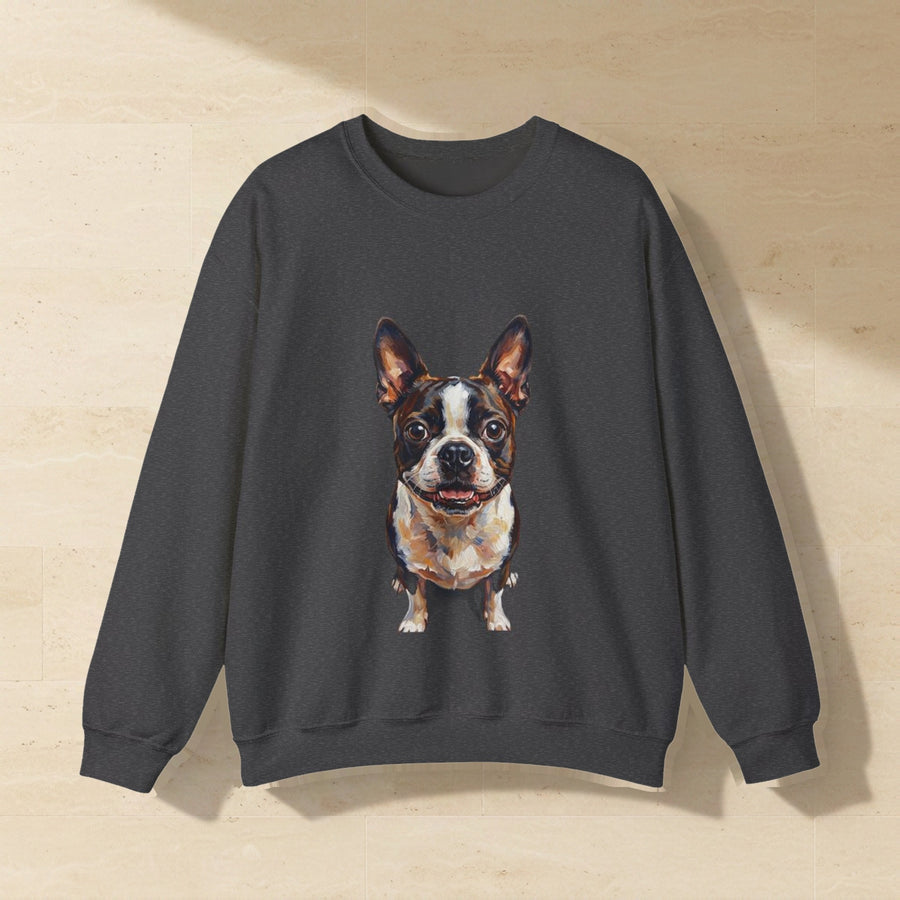 Boston Terrier Sweatshirt laid flat on a warm limestone surface, shot from overhead