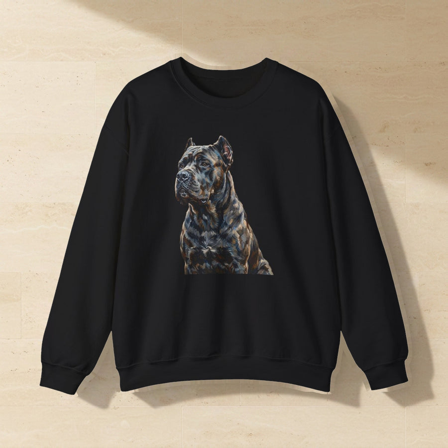 Cane Corso Sweatshirt laid flat on a warm limestone surface, shot from overhead
