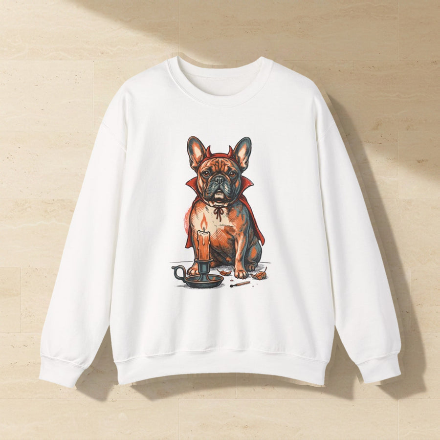 French Bulldog Halloween Crewneck laid flat on a warm limestone surface, shot from overhead