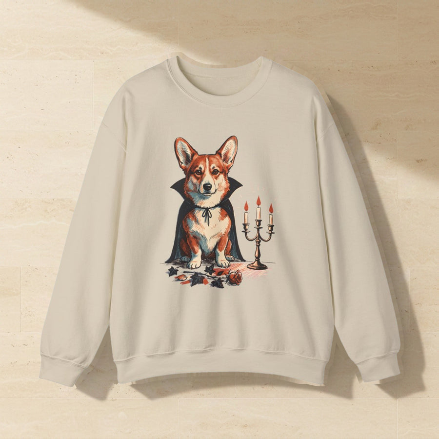 Corgi Halloween Crewneck laid flat on a warm limestone surface, shot from overhead