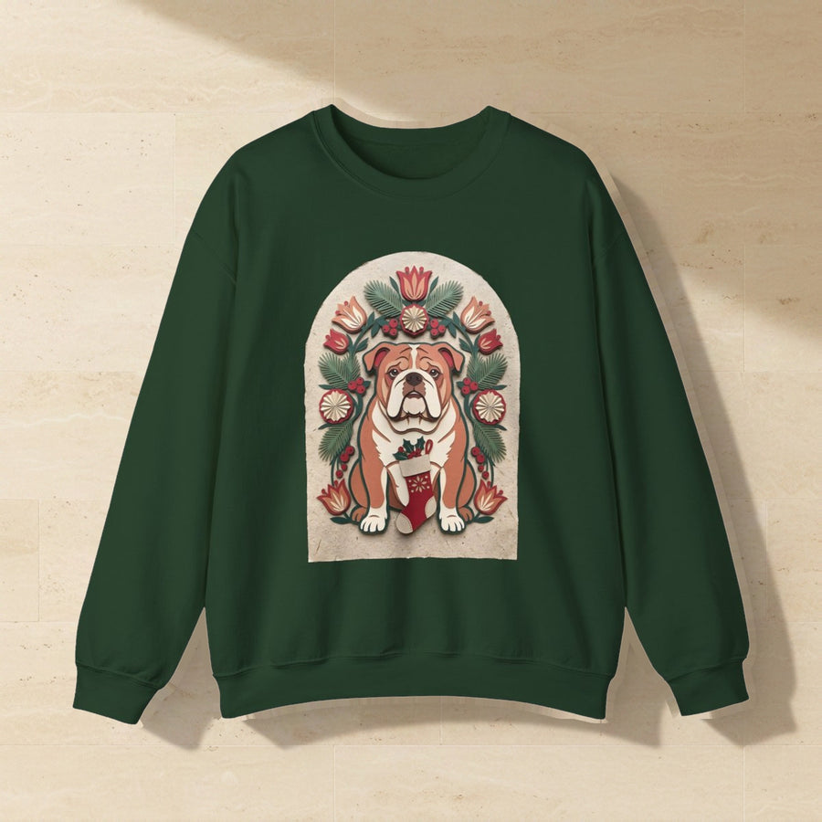 English Bulldog Folk Paper-Cut Christmas Crewneck Sweatshirt, Wycinanki Style Holiday Dog Art, English Bulldog Lover Gift laid flat on a warm limestone surface, shot from overhead