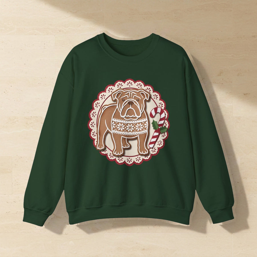 English Bulldog Gingerbread Christmas Crewneck Sweatshirt, Gingerbread Cookie Dog Art, English Bulldog Lover Gift laid flat on a warm limestone surface, shot from overhead