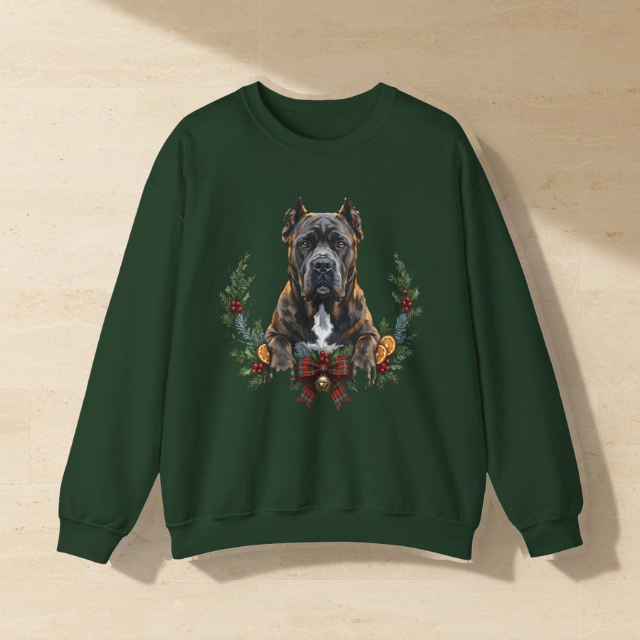 Cane Corso Christmas Wreath Crewneck Sweatshirt, Painterly Holiday Dog Art, Cane Corso Lover Gift laid flat on a warm limestone surface, shot from overhead