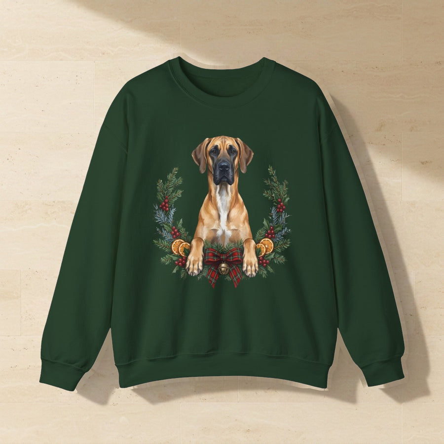 Great Dane Christmas Wreath Crewneck Sweatshirt, Painterly Holiday Dog Art, Great Dane Lover Gift laid flat on a warm limestone surface, shot from overhead