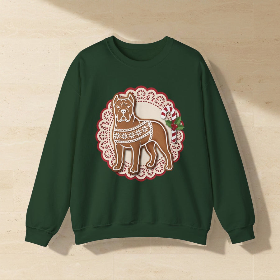 Cane Corso Gingerbread Christmas Crewneck Sweatshirt, Gingerbread Cookie Dog Art, Cane Corso Lover Gift laid flat on a warm limestone surface, shot from overhead