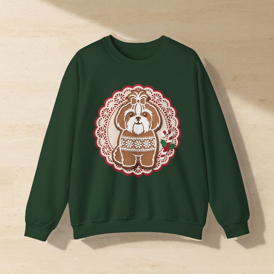 Shih Tzu Gingerbread Christmas Crewneck Sweatshirt, Gingerbread Cookie Dog Art, Shih Tzu Lover Gift laid flat on a warm limestone surface, shot from overhead