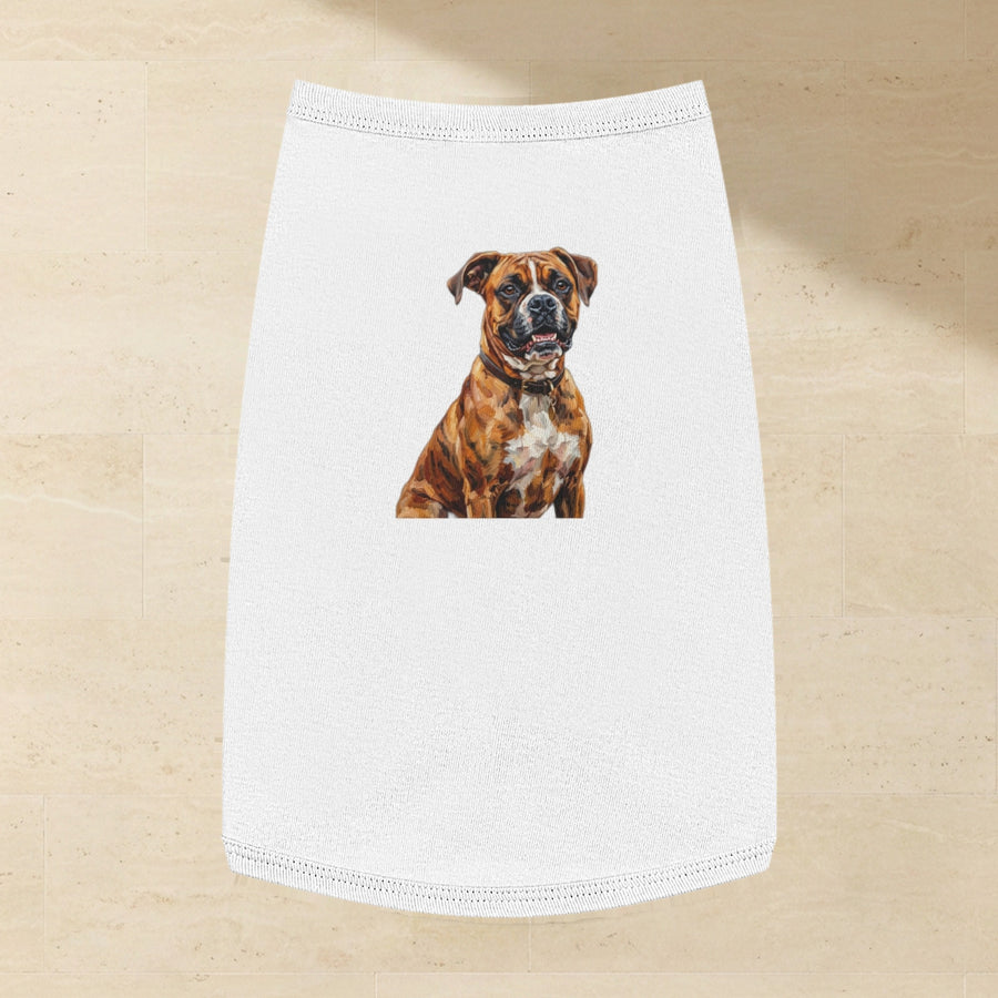 Boxer Dog Shirt laid flat on a warm limestone surface, shot from overhead