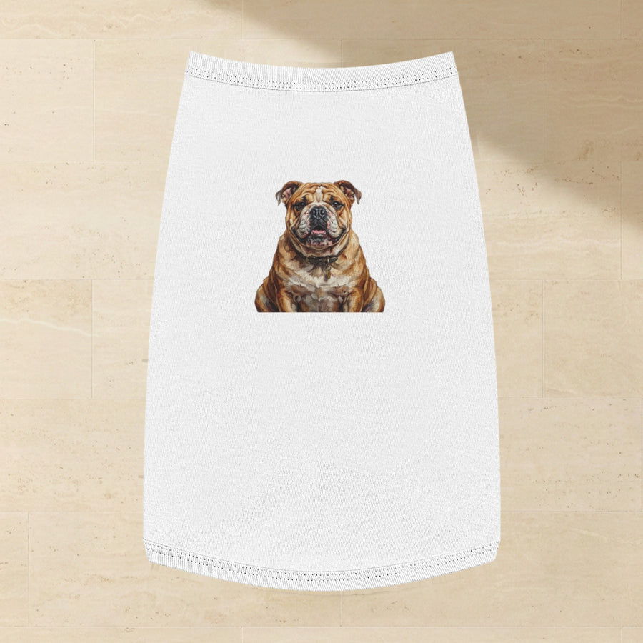 English Bulldog Dog Shirt laid flat on a warm limestone surface, shot from overhead