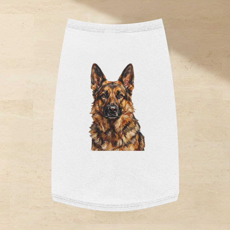German Shepherd Dog Shirt laid flat on a warm limestone surface, shot from overhead