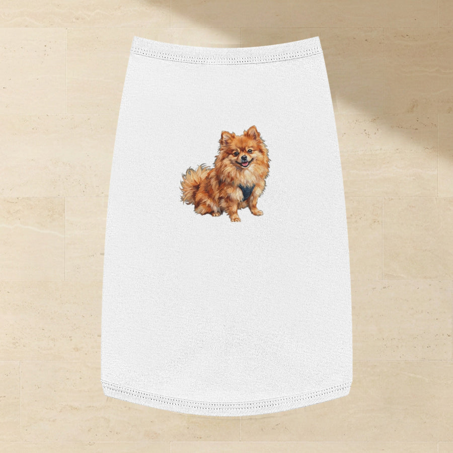 Pomeranian Dog Shirt laid flat on a warm limestone surface, shot from overhead