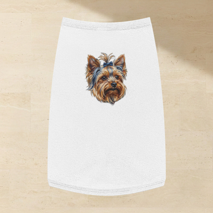 Yorkshire Terrier Dog Shirt laid flat on a warm limestone surface, shot from overhead
