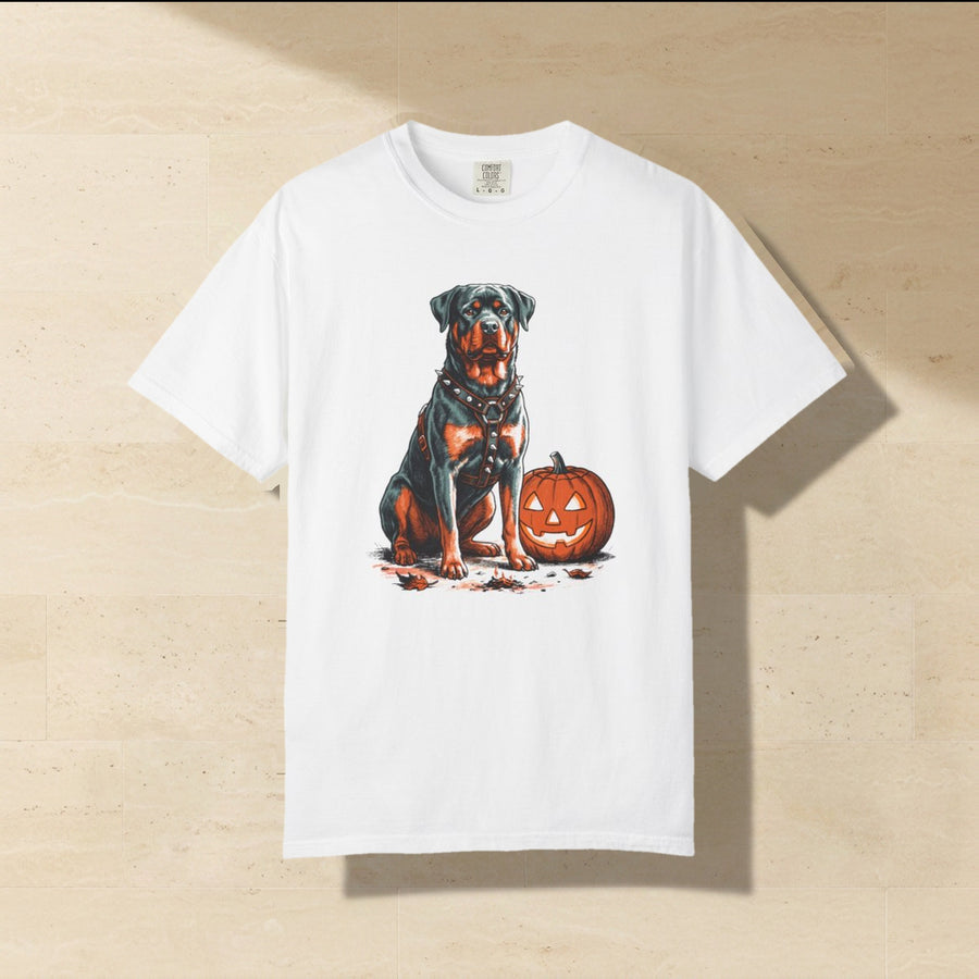 Rottweiler Halloween Shirt laid flat on a warm limestone surface, shot from overhead