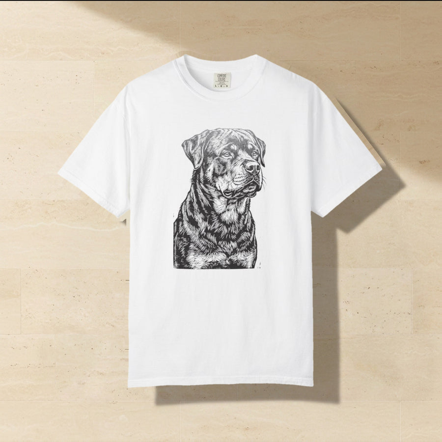 Rottweiler Block Print Shirt laid flat on a warm limestone surface, shot from overhead