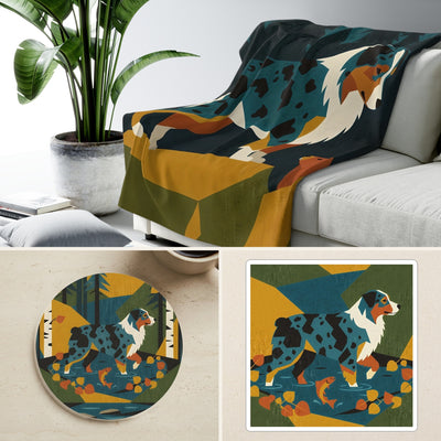 Australian Shepherd Retro Autumn Cozy Gift Set | Sherpa Blanket, Coaster & Sticker | Tritan
