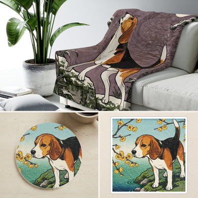 Beagle Japanese Print Cozy Gift Set | Sherpa Blanket, Coaster & Sticker | Tritan