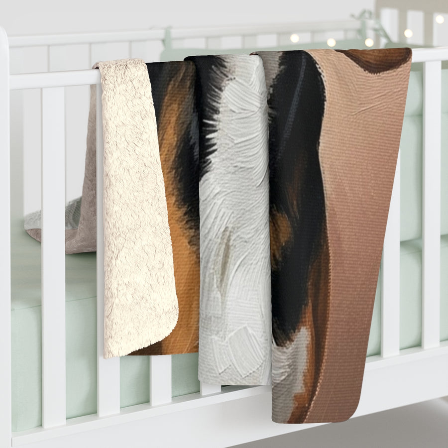 Beagle Oil Portrait sherpa blanket by Tritan, on bed