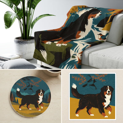 Bernese Mountain Dog Retro Autumn Cozy Gift Set | Sherpa Blanket, Coaster & Sticker | Tritan