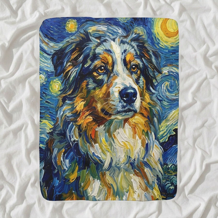 Australian Shepherd Post-Impressionist Sherpa Fleece Blanket, Painterly Dog Art, Australian Shepherd Lover Gift shown lying flat on softly rumpled white bedding
