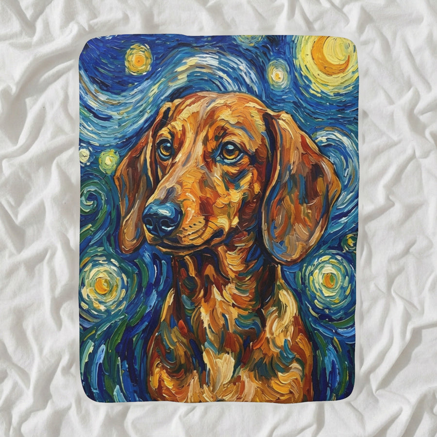 Dachshund Post-Impressionist Sherpa Fleece Blanket, Painterly Dog Art, Dachshund Lover Gift shown lying flat on softly rumpled white bedding