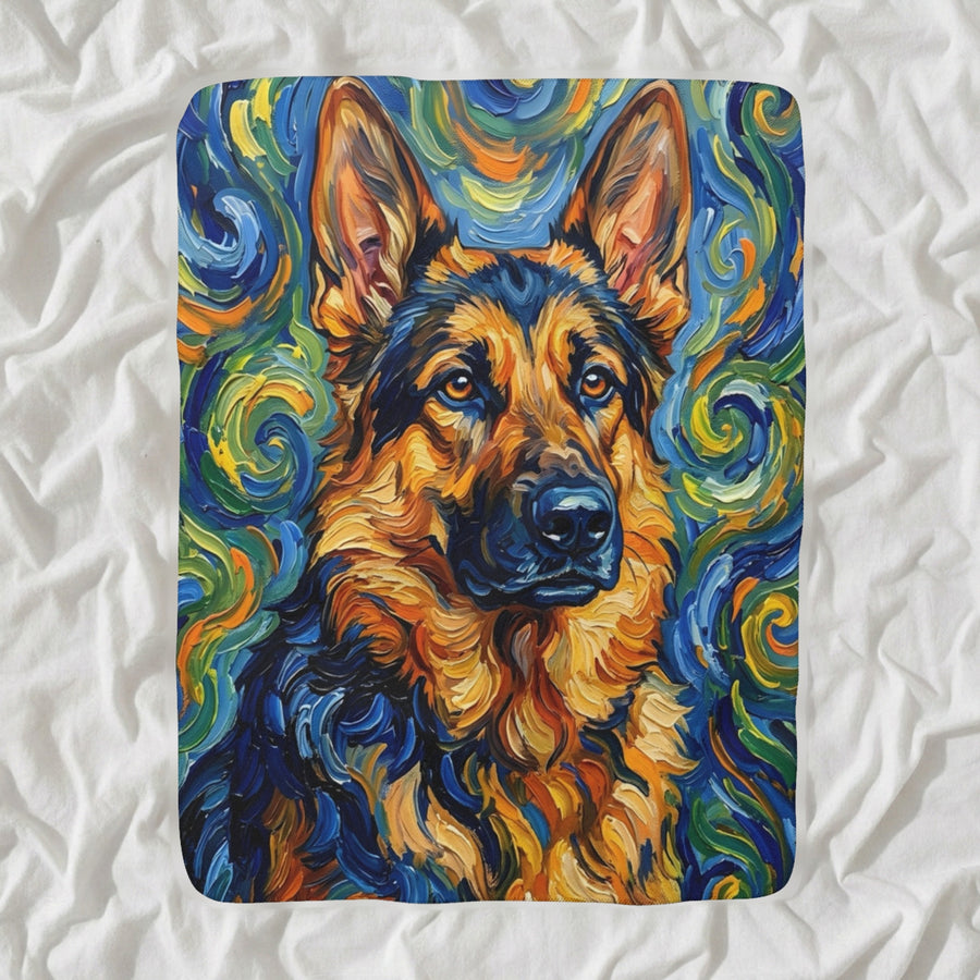 German Shepherd Post-Impressionist Sherpa Fleece Blanket, Painterly Dog Art, German Shepherd Lover Gift shown lying flat on softly rumpled white bedding